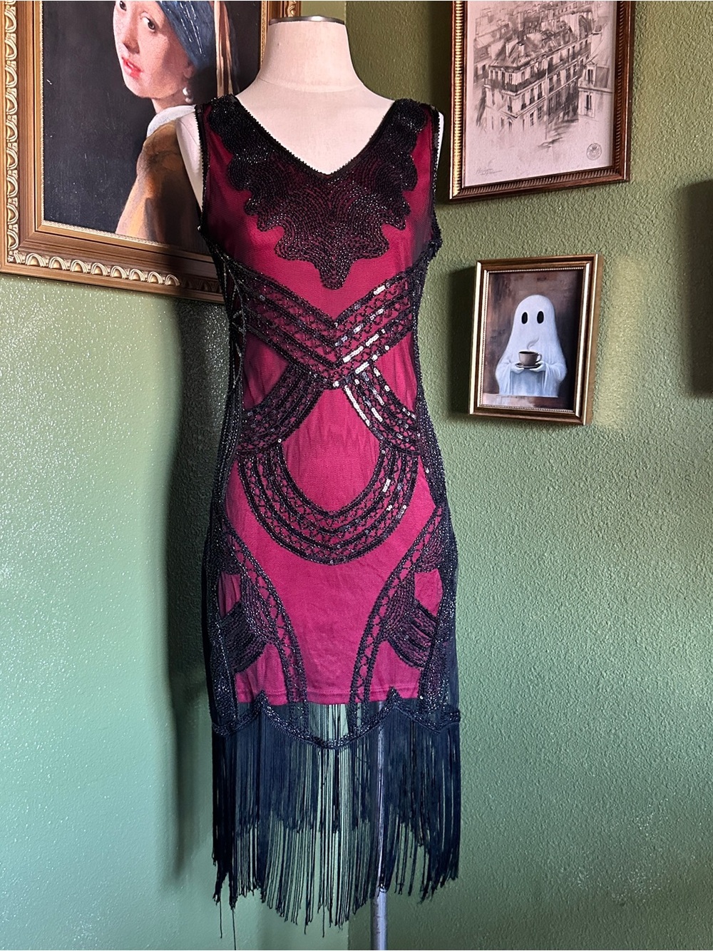Beaded Fringe Mini Dress in Burgundy and Black